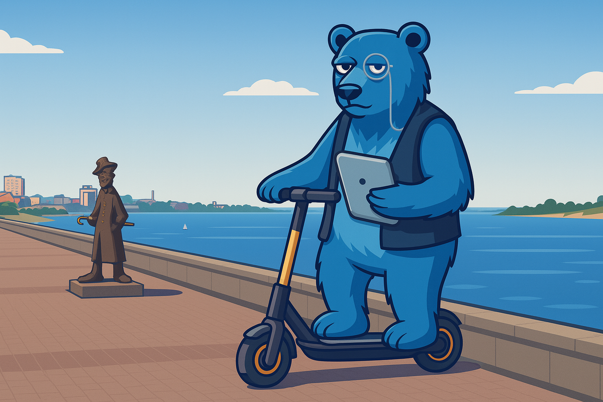 Томский хроникер Фома Силантьевич на набережной реки Томи в Томске, на электросамокате