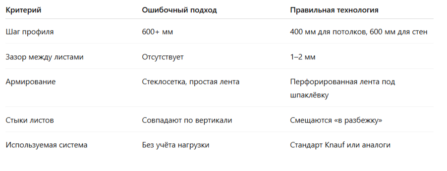 Сравнительная таблица решений при монтаже гипсокартона