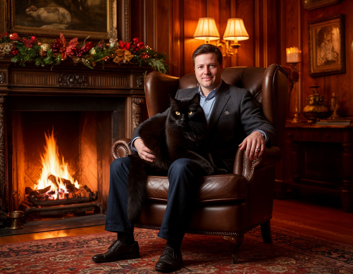 Шедеврум. Камин, кот, мужчина...