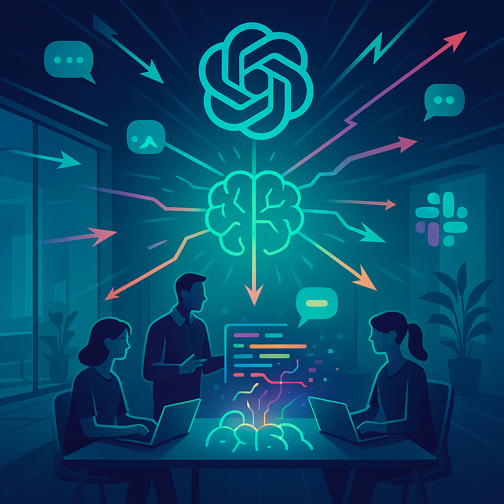 Неоновый офис будущего: команда разработчиков сидит за столом с парящим голографическим кодом, а над ними сияет абстрактный «умный» символ, от которого лучи-стрелки расходятся к всплывающим пузырям чата — аллегория культуры быстрых идей, Slack-общения и стремительной разработки внутри OpenAI.