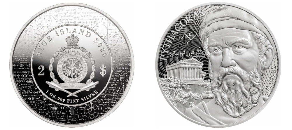    Серебряная монета с портретом Пифагора и теоремой