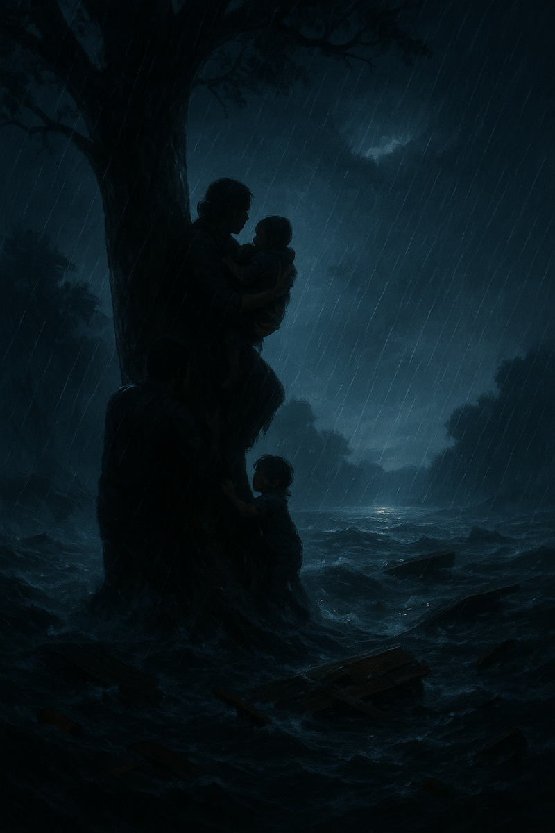 Ночная буря и разбушевавшаяся река: члены семьи цепляются за дерево посреди воющих вод и летящих обломков, выхваченные вспышкой молнии в кромешной тьме — момент хрупкой надежды среди стихийного бедствия.