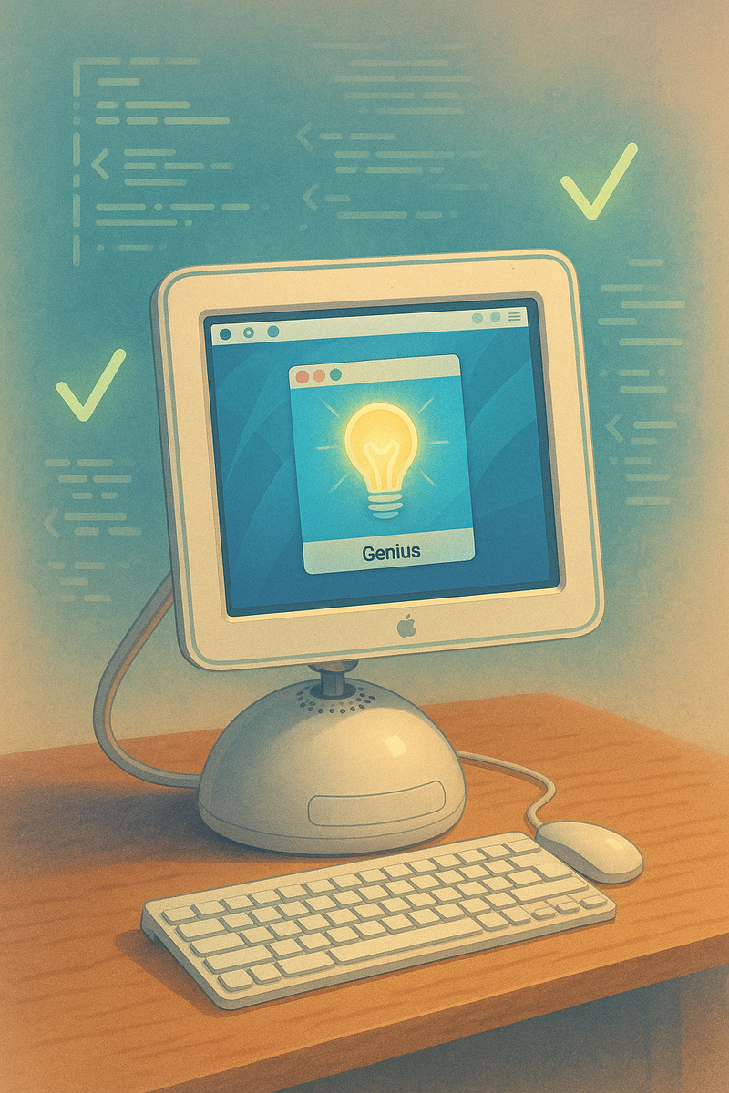 Винтажный iMac G4 с иконкой Genius на экране и «зелёными галочками» кода вокруг: визуальная история о том, как забытое приложение для интервального повторения вновь оживает на современной macOS.