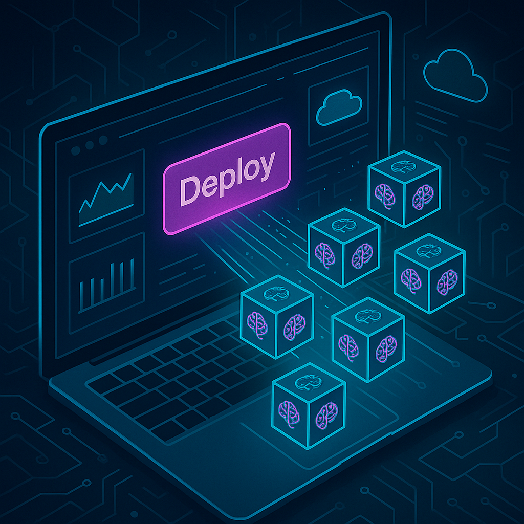 Неоновая панель с кнопкой «Deploy» на ноутбуке выпускает поток кубиков-агентов с пиктограммой мозга — метафора платформы Agentainer, разворачивающей LLM-агентов как микросервисы одним кликом.