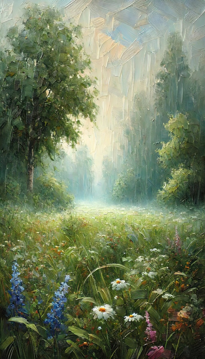 Вертикальный оригинал с крупным мастихином в небе, прорисовкой травы в центре, крупный план ближних цветов в разфокусе.