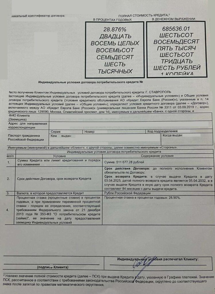 Кредитный договор АО Кредит Европа Банк