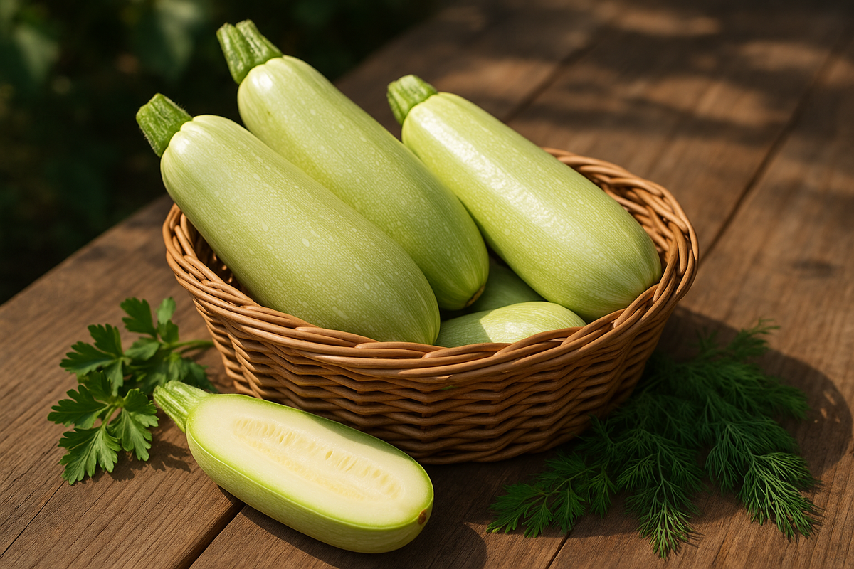 Свежие кабачки в плетёной корзине на деревянном столе с зеленью.