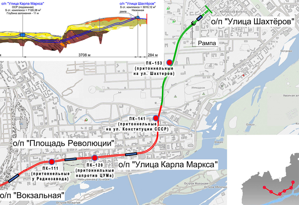     Схема восточной части Красноярского метро со станциями и притоннельными сооружениями. Зеленым показан уже пройденный под землей участок