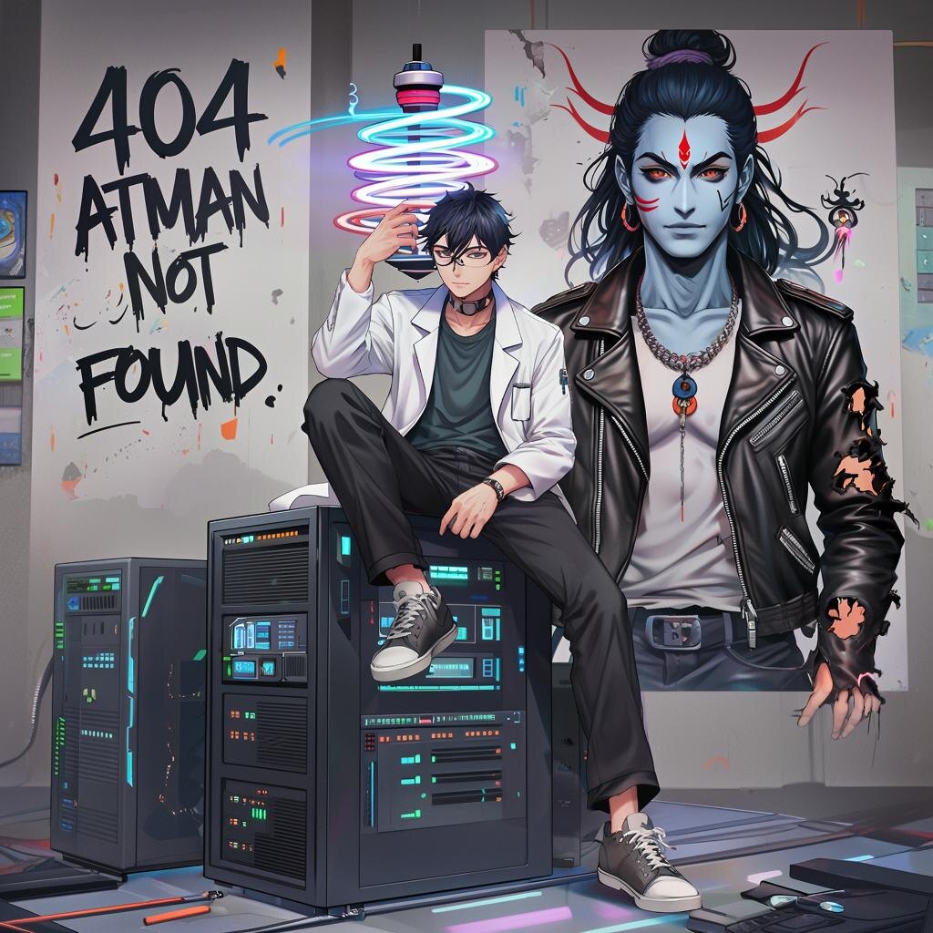 Доктор Че в цифровом ашраме, на стене портрет Шивы в косухе.