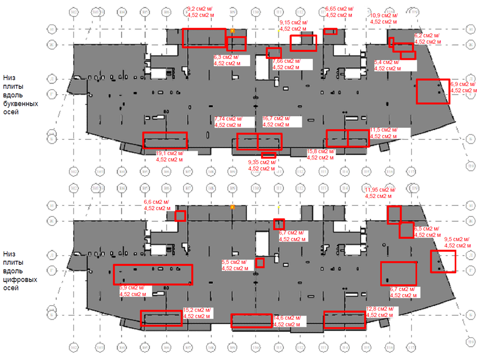 Определение дефицитов армирования. Первое число - требуемое армирование по расчету, второе число – фактически установленное армирование.