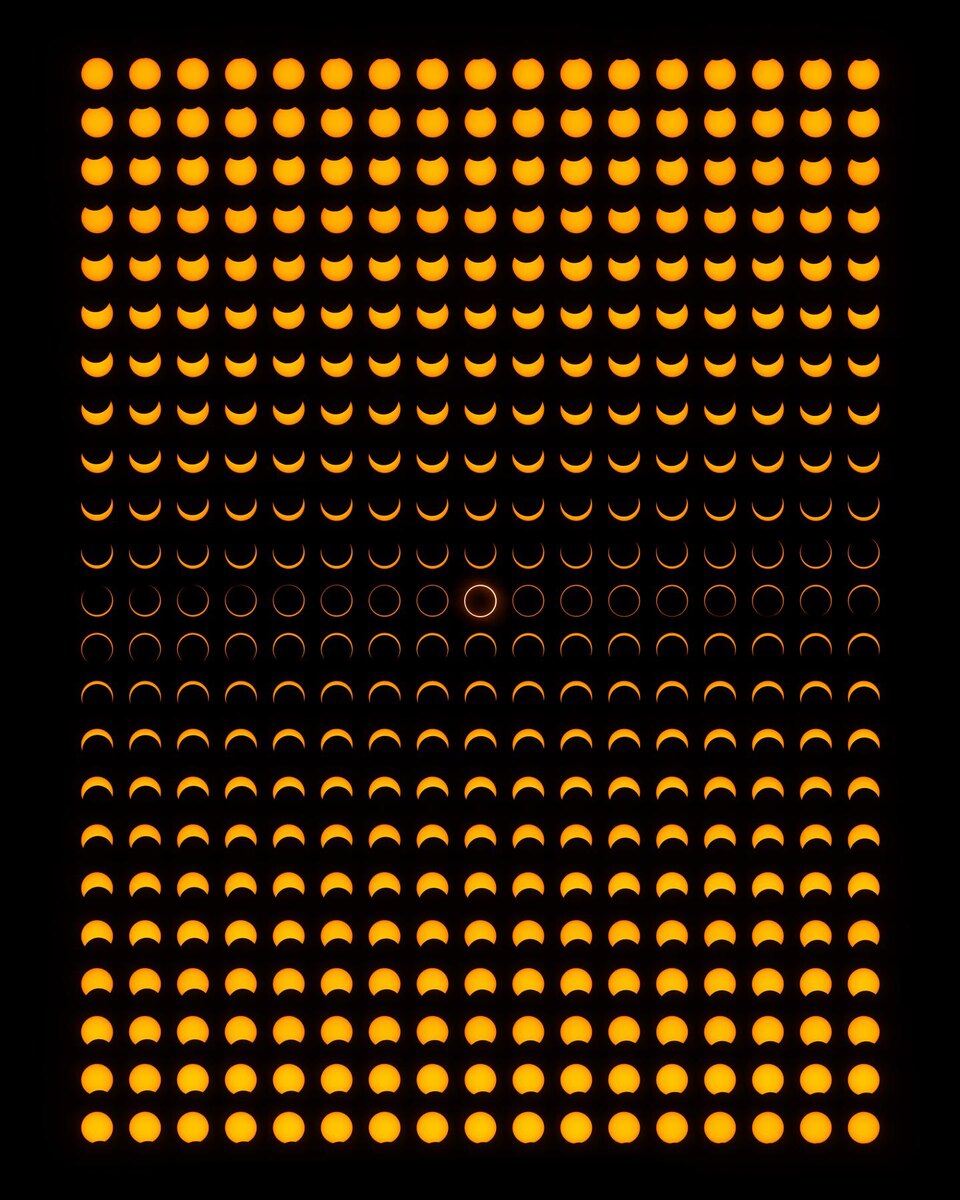 Серия изображений, демонстрирующих процесс кольцеобразного затмения (© Райан Империо)
