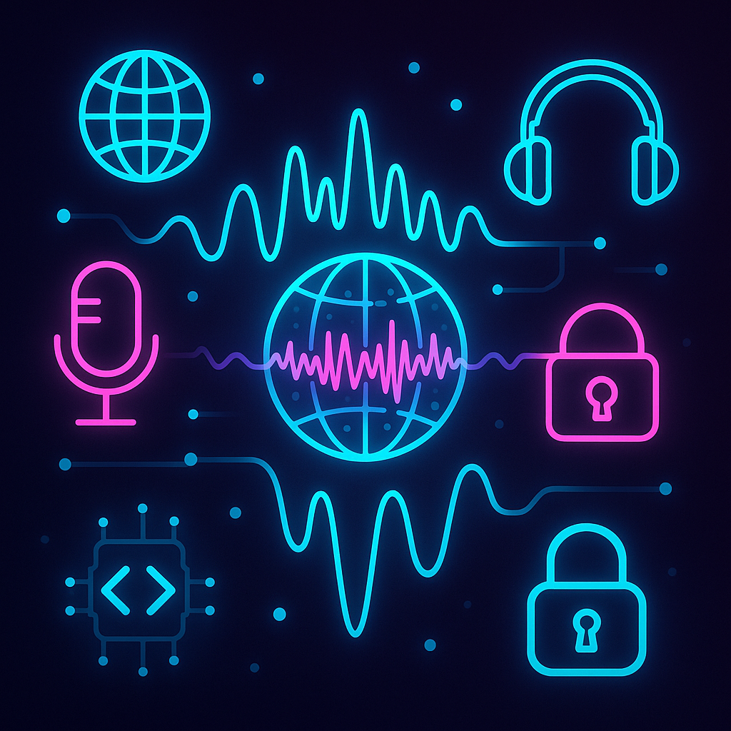 Светящийся шар-звук в неоновых волнах соединяет микрофон, глобус и открытый замок — метафора Voxtral, открытой мультиязычной модели, понимающей и исполняющей голосовые команды.