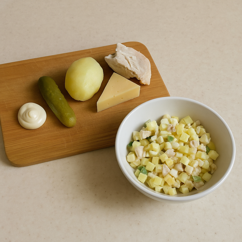 Когда открыла холодильник и нашла не вдохновение, а… колбасу, сыр и варёшку картошки. Ну и ладно, будет салат! 🙈