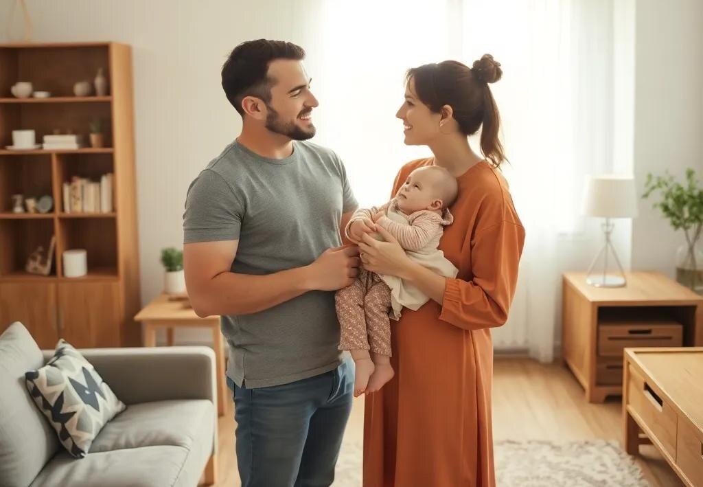 На фото изображена молодая семья с ребенком в квартире, купленной с привлечением средств Семейной ипотеки