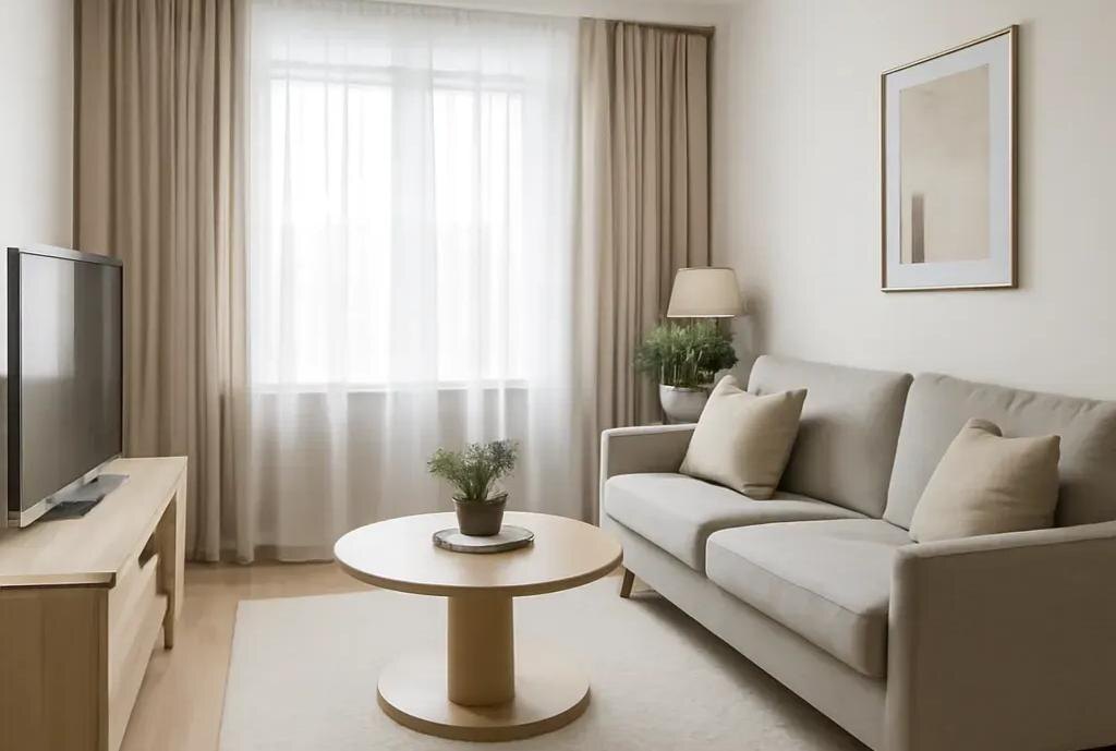 На фото изображена гостиная в однокомнатной квартире улучшенной планировке в Сарове