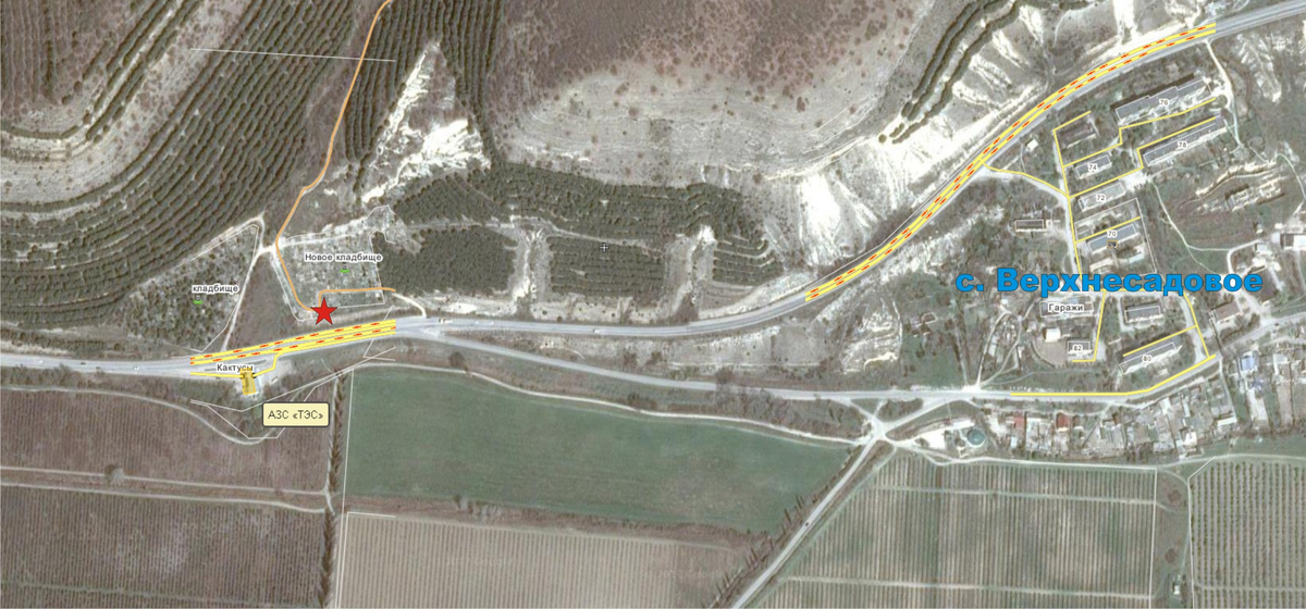 Расположение заправки и кладбища у Верхнесадового