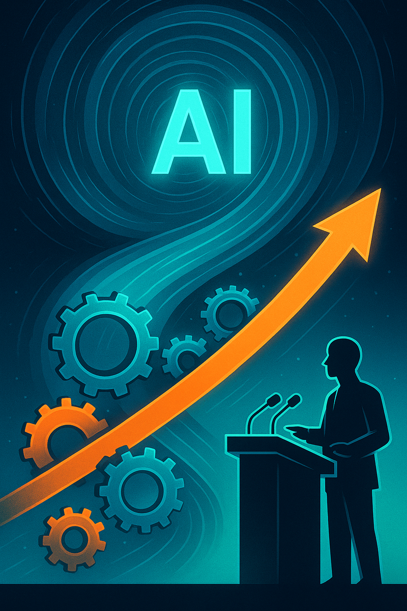 Гигантская воронка «AI» и стрелка-тренд над оратором: визуальный образ риторики «неизбежности» ИИ, задающей рамку дискуссии.
