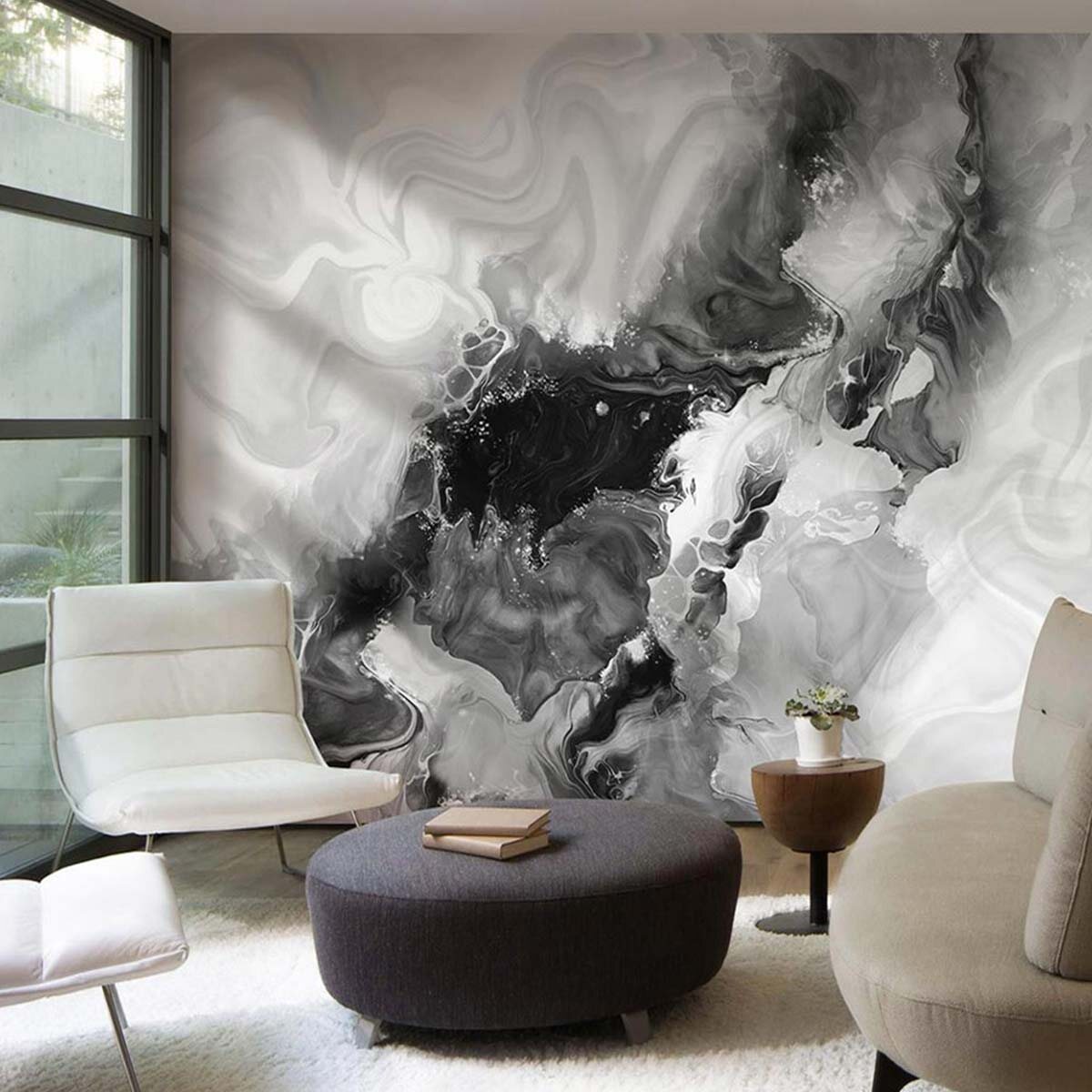 пример интерьера с мебелью с высокими ножками и отделкой стен флизелиновыми фотообоями VEROL. Артикул на WB: 154537100. 