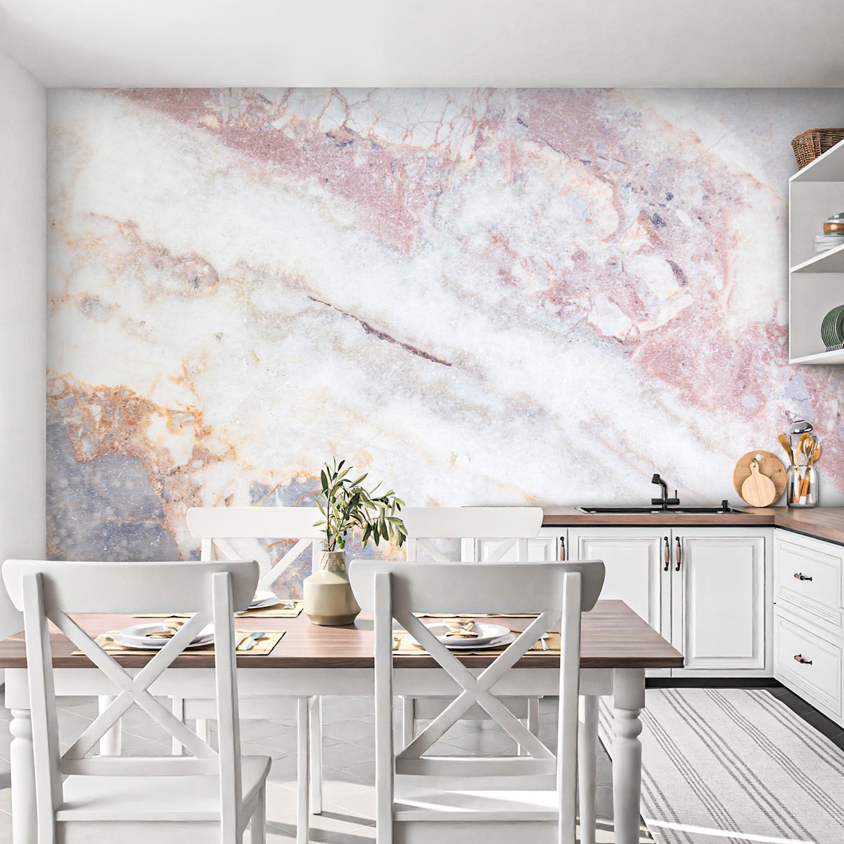 Пример интерьера кухни с закрытыми нижними фасадами и отделкой стен флизелиновыми фотообоями VEROL. Артикул на WB: 183816199.