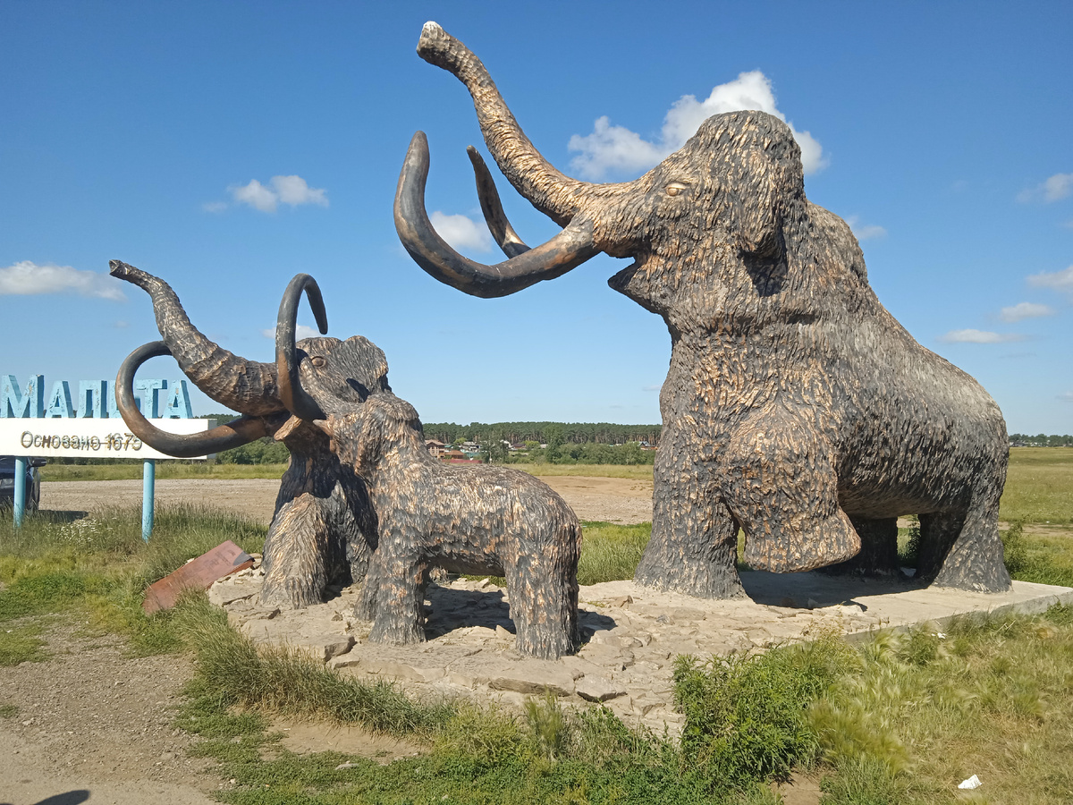 Огромная скульптура Мамонты - символ поселка. 