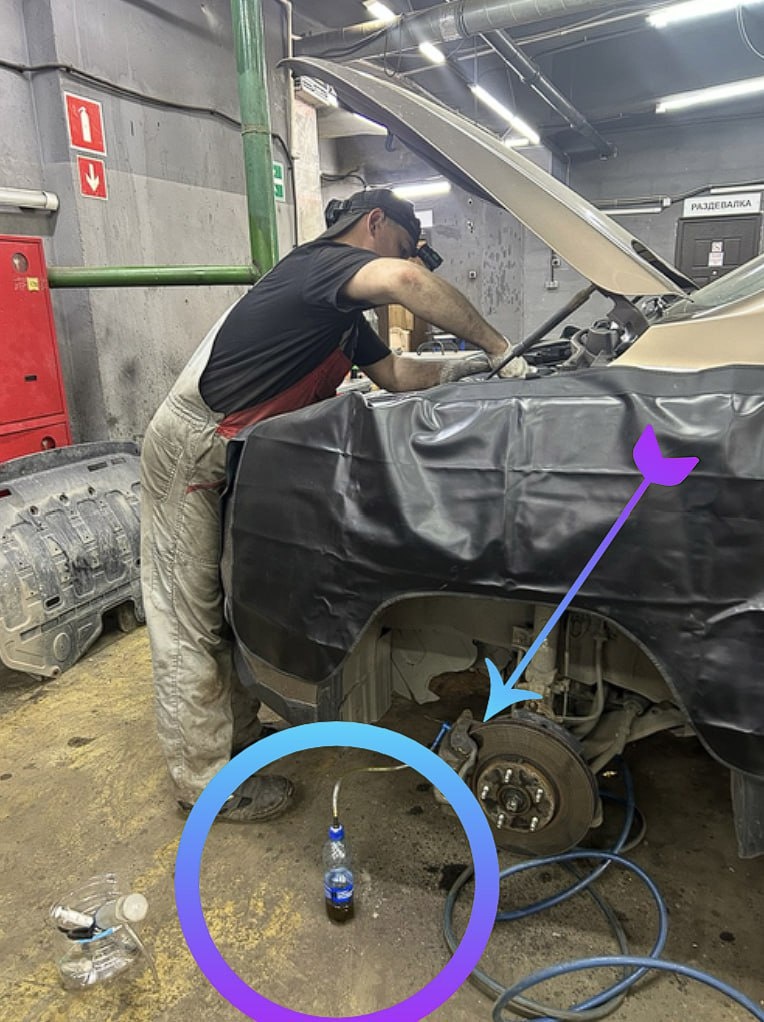 Пример того, как правильно должна проводиться замена тормозной жидкости (слив старой жидкости в тару)