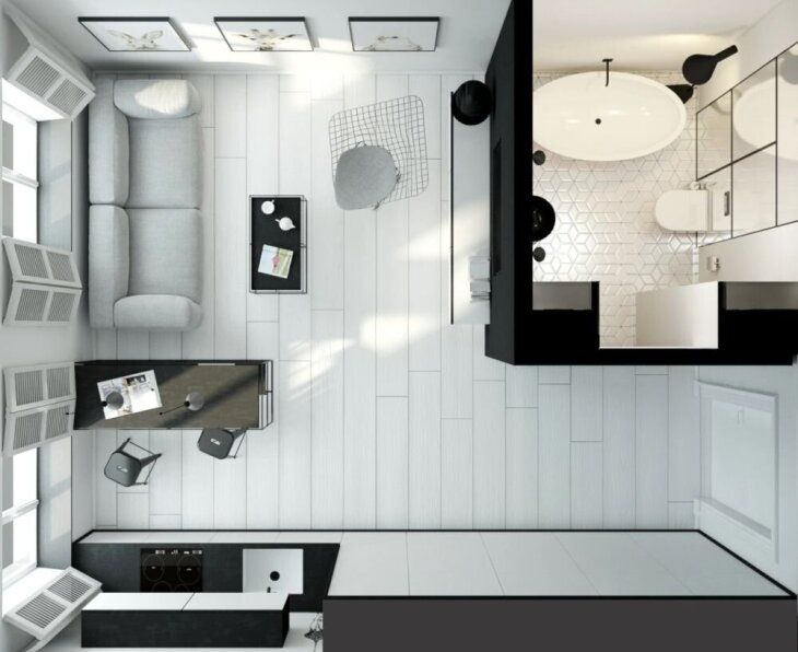     План-схема 20-метровой студии. Источник: homebook.com.