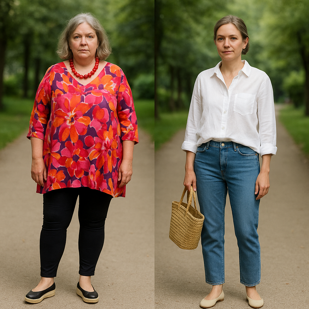 На фото — контраст двух образов. Слева — устаревший вариант: пёстрая туника, леггинсы, массивные бусы и босоножки на платформе. Справа — современная альтернатива: белая рубашка, прямые джинсы, балетки и плетёная сумка — просто, легко и стильно.