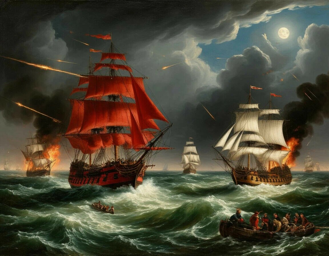 Летучий голландец (морской бой). "...И топит их призрак в объятьях волны, и снова пускается в путь..."(сгенерировано в Шедевруме).