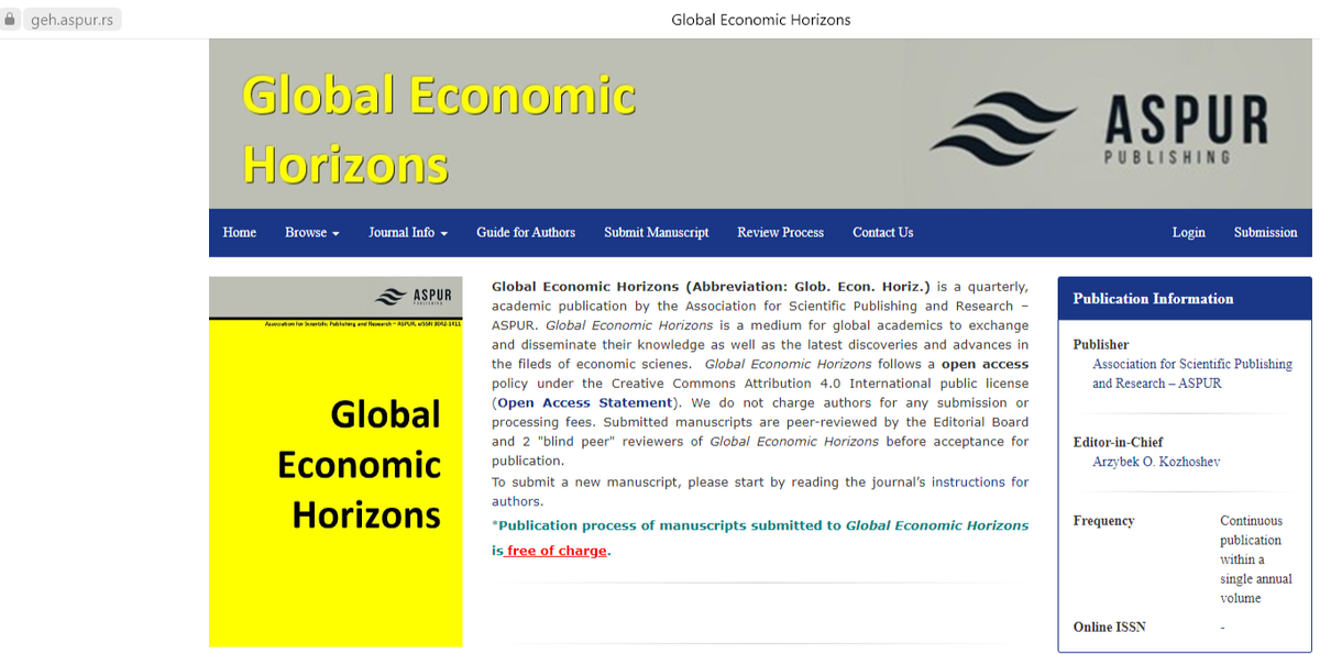 Для всестороннего изучения мировой экономики полезны международные научные исследования и публикации, которые поощряет новый научный журнал «Глобальные экономические горизонты» (“Global Economic Horizons”), публикуемый ежеквартально сербским издательством "ASPUR” (“Association for Scientific Publishing and Research”). 