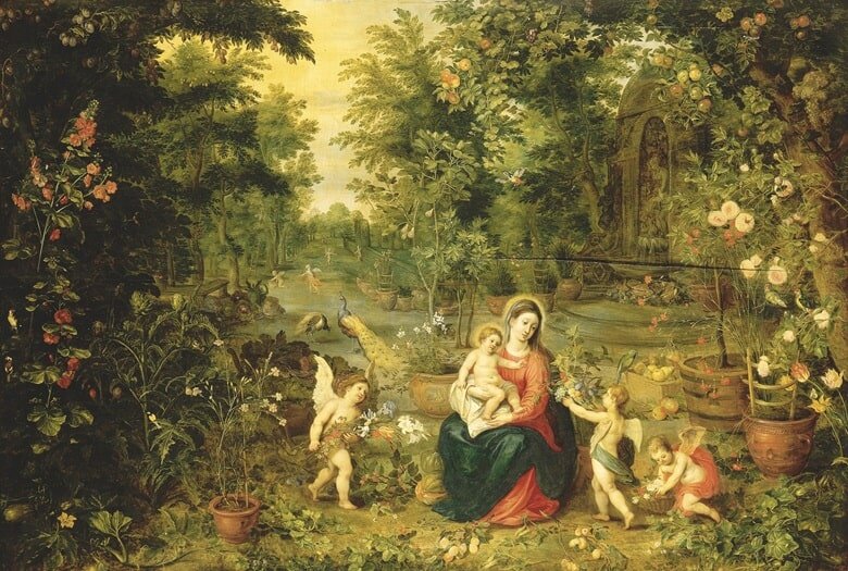 Jan Brueghel II and Hendrick van Balen, The Madonna and Child Seated in a Garden with Putti, Birds and Animals.  Christies