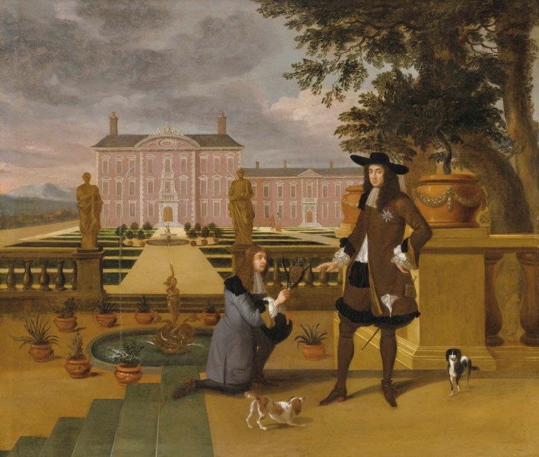 English School, King Charles II Being Presented with a Pineapple by the Royal Gardener, John Rose, in the Formal Gardens of an Estate, 1677.  Christies