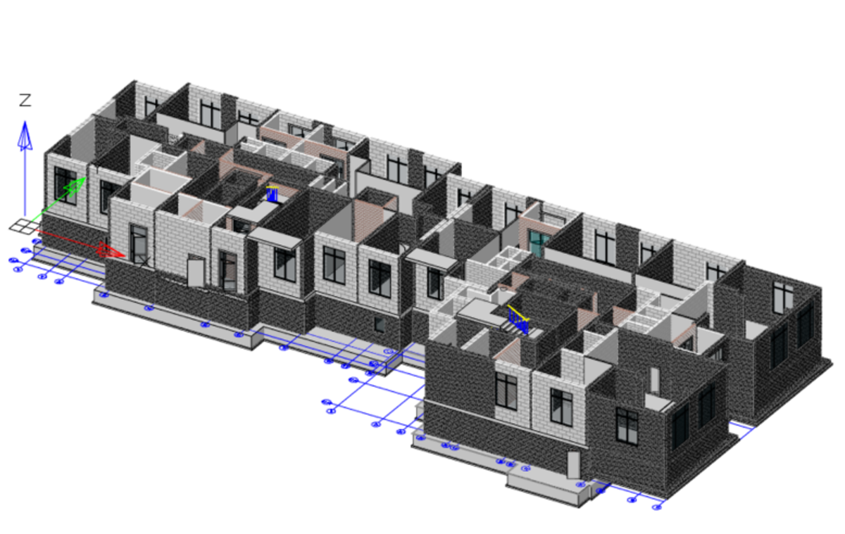 Рис. 2.   3D-модель конструкций первого этажа здания с фундаментом и техническим этажом,   выполненная в nanoCAD BIM Конструкции