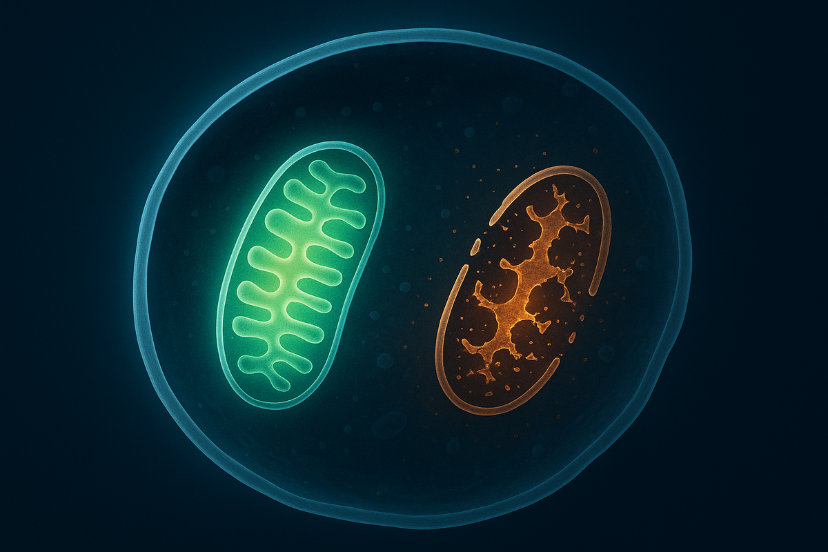 Здоровая и повреждённая митохондрия: визуальное сравнение энергетической активности клетки