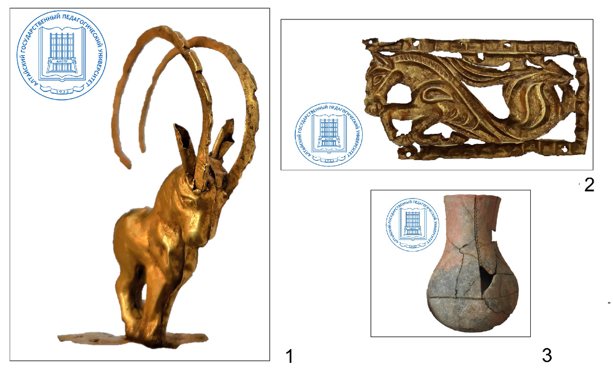Рис. 1. Археологические пазлы:
1 – скульптурка горного козла (декор головного убора) из могильника Новотроицкое-2; 2 –
поясная пряжка с изображением лошади из могильника Новотроицкое-2; 3 – керамический сосуд из могильника Новотроицкое-1. Фото Н. Н. Головченко

