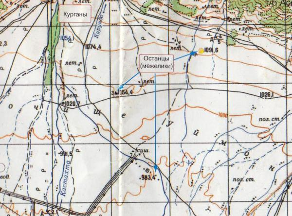 Фрагмент туристической карты Уймонской Долины с показом местоположения межеликов.