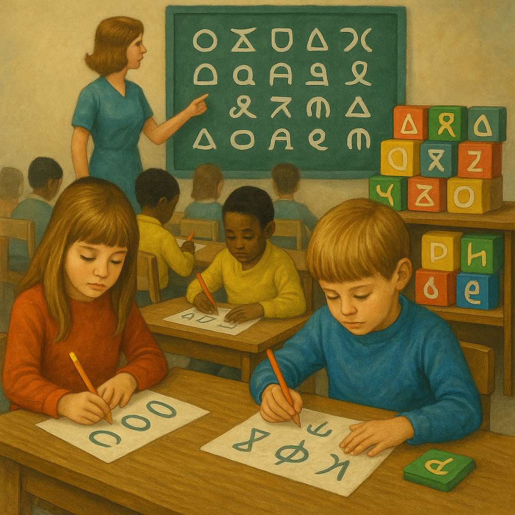 Ностальгическая зарисовка 1960-х: школьники учатся писать загадочные фонетические символы ITA, пока одноклассник заполняет доску новым «алфавитом» — визуальный намёк на эксперимент, который должен был упростить чтение, но обернулся трудностями с орфографией у целого поколения.