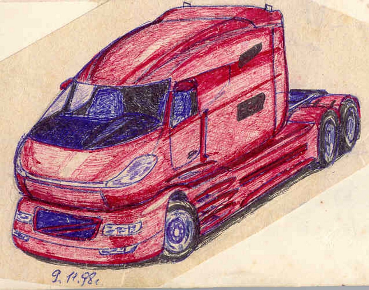 ▲ Трёхосная версия грузовика Treeger. В задней тележке отсутствует управляемая ось. Вторая и третья оси ведущие. Не совсем удачная попытка изобразить скругление передка кабинного модуля