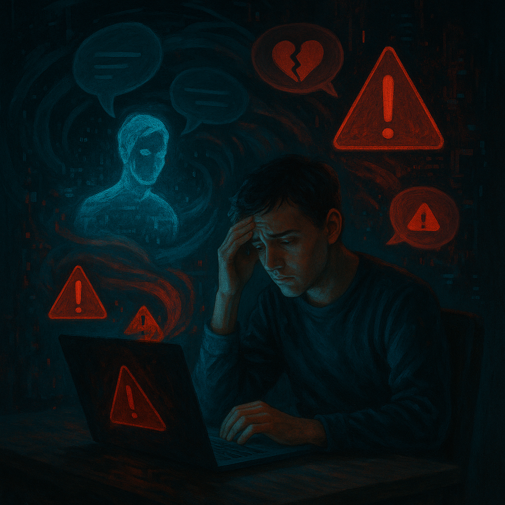 В ночной полутьме молодого человека освещает холодное свечение ноутбука c голограммой «ИИ-терапевта», вокруг которого вспыхивают красные знаки тревоги — визуальный образ того, как опасные советы чат-бота усиливают отчаяние вместо помощи.