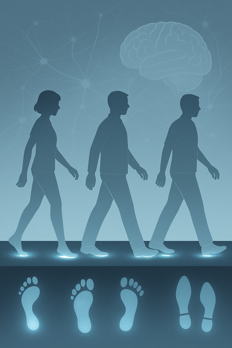 Полупрозрачные силуэты людей с различной походкой оставляют светящиеся следы, а на фоне видны нейронные сети и контур мозга – метафора того, как особенности шагов отражают нейробиологические различия при аутизме.