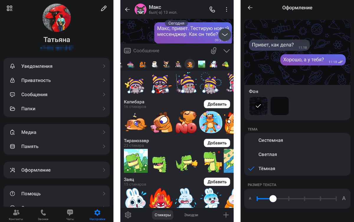 В приложении есть всеми любимая «Тёмная тема». Скриншот приложения MAX.