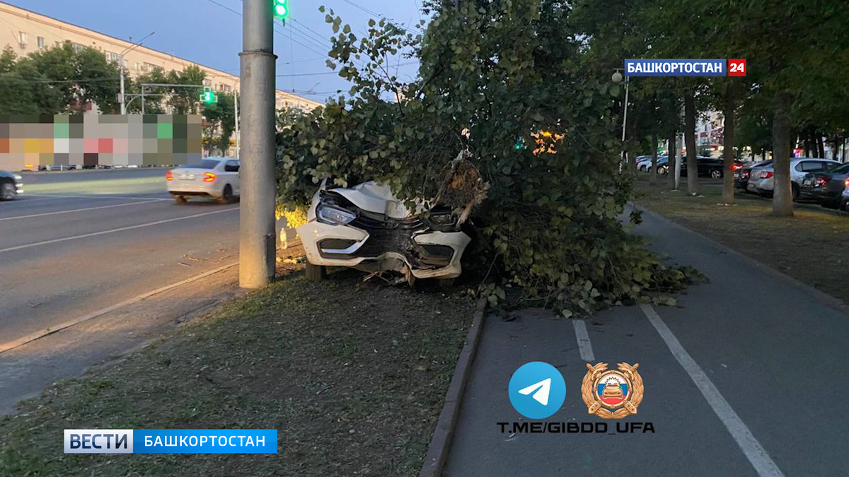   В Уфе водитель Lada Vesta влетел в дерево: два человека госпитализированы