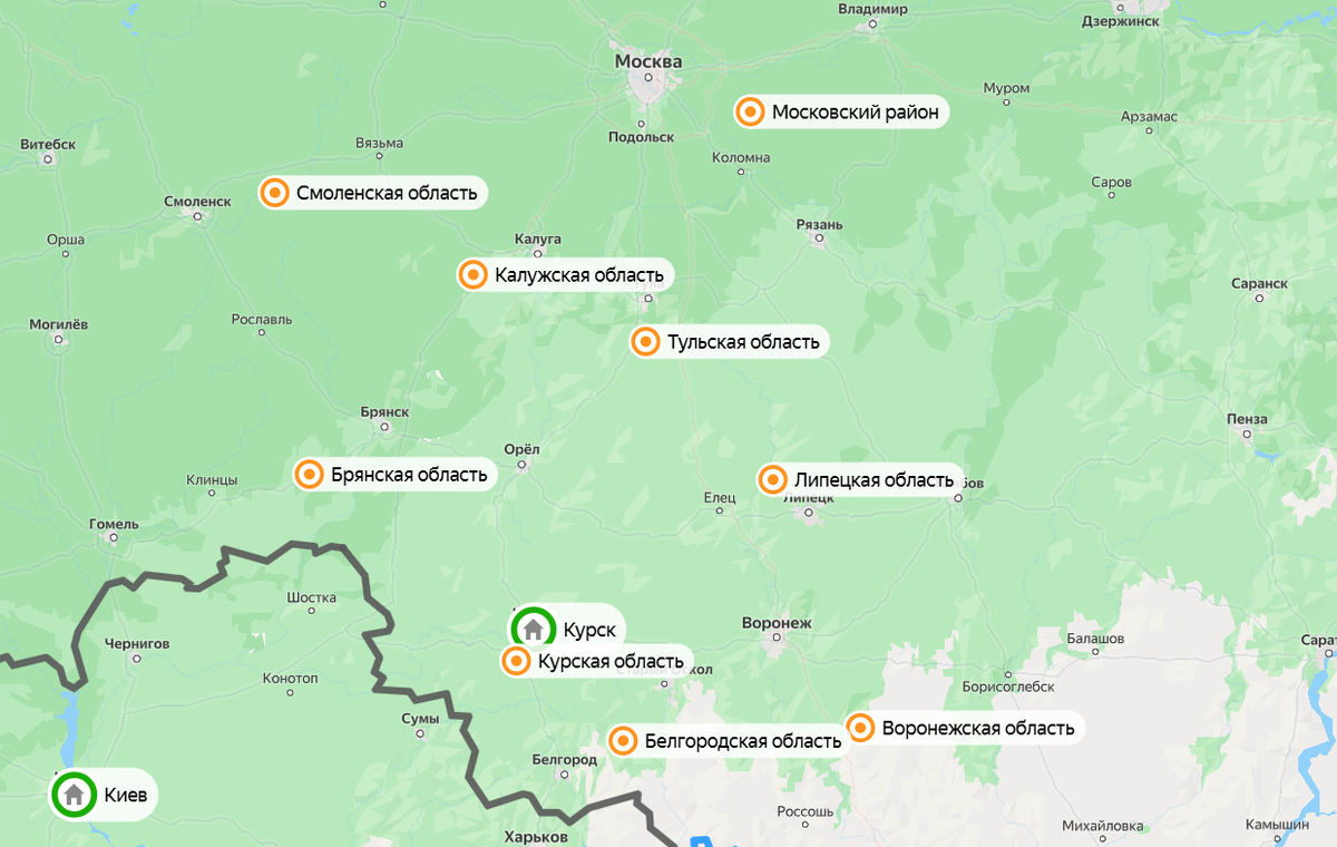 Карта ночного налета дронов ВСУ на территорию РФ. Скрин: Яндекс Карты