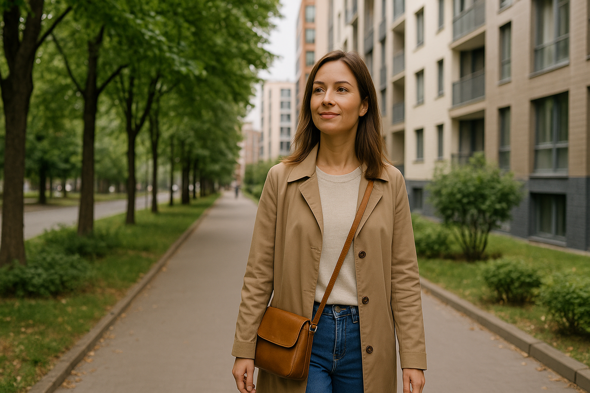 Тихий район, прогулка, женщина, современные дома, новостройка