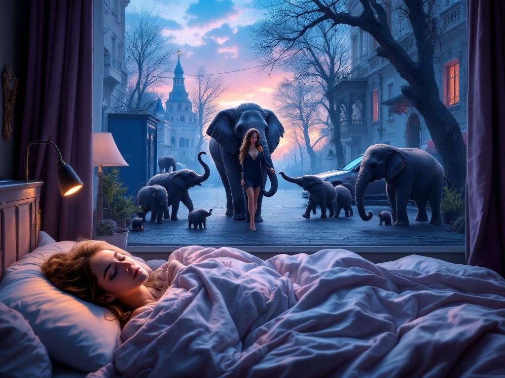    К чему такое снится: На картине изображен московский двор; в центре - женщина, выходящая из машины. Вокруг неё бродит группа из 5-7 маленьких слонов. Один из слонов, в центре композиции,