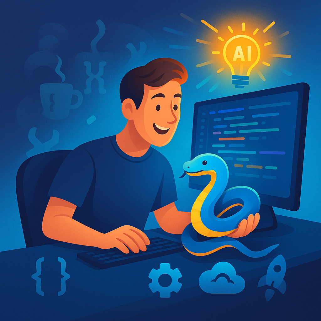 Разработчик радостно «приручает» дружелюбного питона перед монитором с кодом, а вокруг парят иконки тестов, облака и ракет — образ плавного перехода на Python и его богатой экосистемы для AI‑проекта.