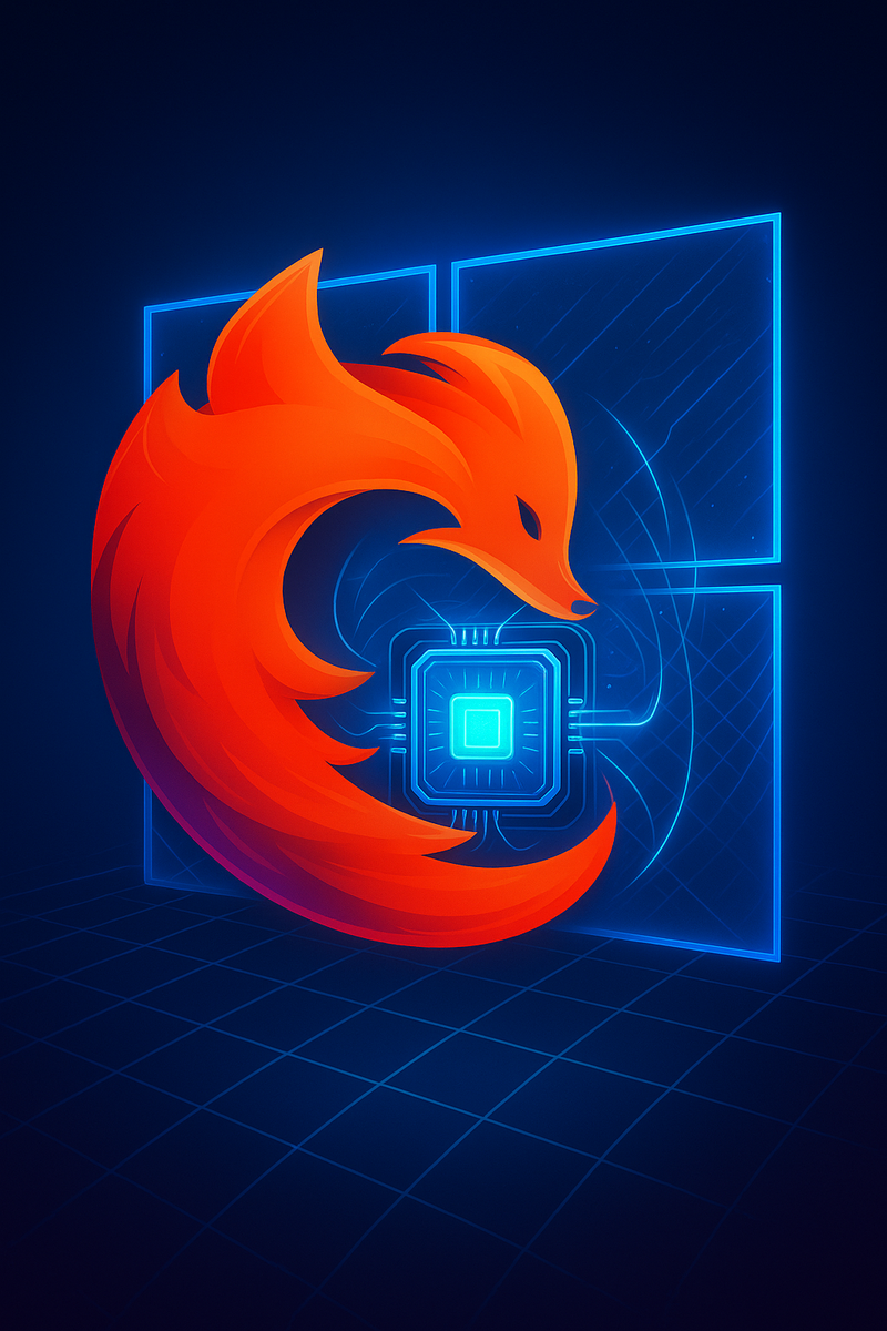 Огненный лис Firefox обвивает сияющий графический чип на фоне логотипа Windows — образ стремительного ускорения WebGPU, которое приходит в Firefox 141.