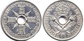 1 шиллинг 1935 (1935, 1936)сереброONE SHILLING 1935 / TERRITORY OF NEW GUINEA / Этнический рисунок вокруг отверстияGEORGIUS V D G REX ET IND IMP / Отверстие в центре, два скрещённых скипетра, звезда снизу, корона сверху