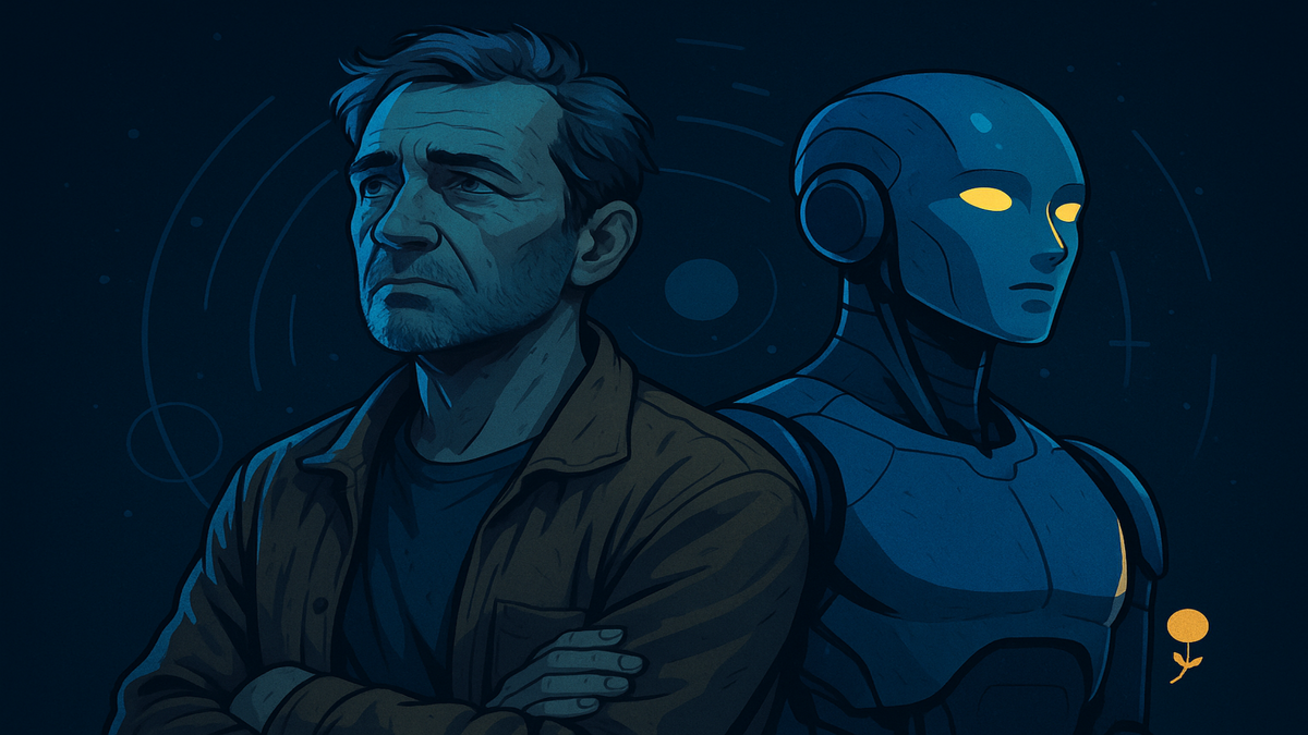 Взрослый человек рядом с безликим ИИ — один уходит, другой возвращается. Кто займет твоё место?