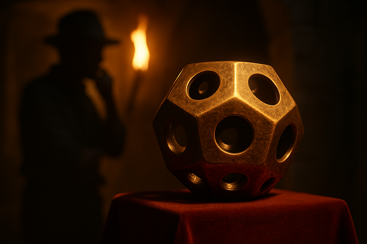 На бархатном пьедестале мерцает бронзовый римский додекаэдр, а в тени позади задумчивый археолог ломает голову над загадочным назначением этого древнего 12‑гранника.