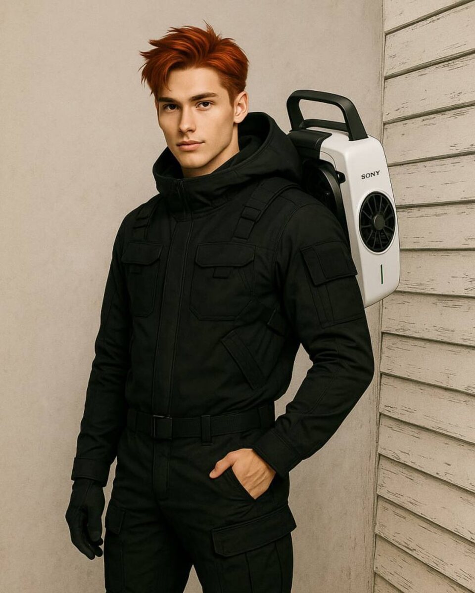 Фэшн Карлсон с технологичным вентилятором, сделано в chatGPT